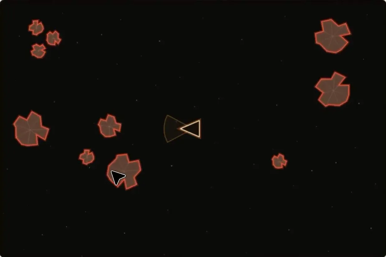 The orange ship with its deflector wedge out, surrounded by rocks